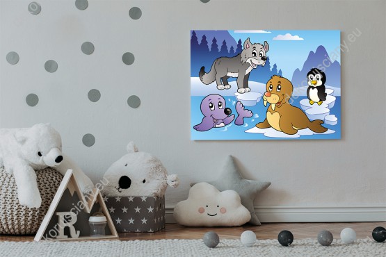 Wizualizacja obrazu do pokoju dziecięcego ze zwierzętami Arktyki foką, wilkiem, morsem i pingwinem w zimowej scenerii.