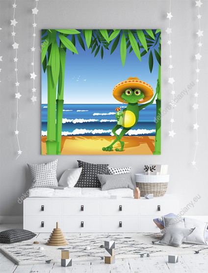 Wizualizacja obrazu do pokoju dziecięcego z żabą w kapeluszu, na wakacjach nad morzem.