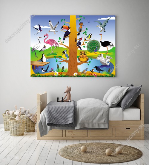Wizualizacja obrazu do pokoju dziecięcego przedstawiająca różne rodzaje ptaków siedzące na gałęziach drzewa, przy jeziorze.