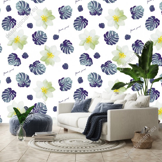 Wizualizacja tapety do pokoju dziennego, sypialni, salonu, przedpokoju, biura z motywem tropikalnym. Tapeta przedstawia niebieskie liście egzotycznych roślin i kwiaty jaśminu, na białym tle.