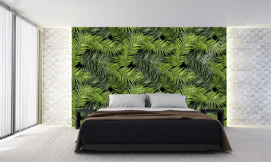 Wizualizacja tapety do pokoju dziennego, młodzieżowego, sypialni, salonu, przedpokoju, biura z motywem egzotycznym. Tapeta przedstawia zielone liście palm, na czarnym tle.