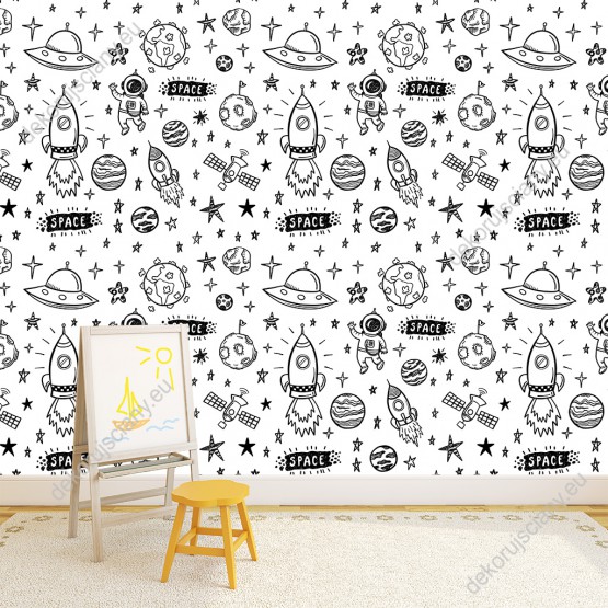 Wizualizacja tapety na ścianę do pokoju dziecięcego z motywem kosmosu przedstawiająca astronautę, rakiety, planety, asteroidy i gwiazdy, na białym tle.