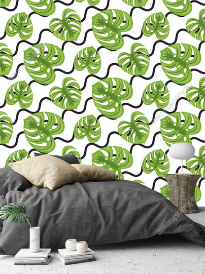 Wizualizacja tapety do pokoju dziennego, sypialni, salonu, przedpokoju, biura  z motywem tropikalnym. Tapeta przedstawia zielone liście egzotycznych roślin i czarne szlaczki, na białym tle.