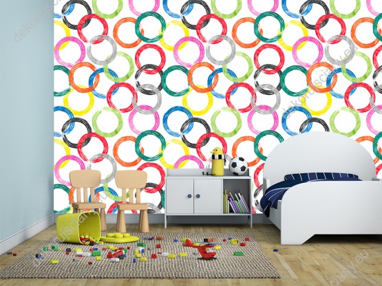 Wizualizacja tapety do pokoju dziecięcego, młodzieżowego, sypialni w kolorowe koła, łączące się ze sobą, na białym tle.