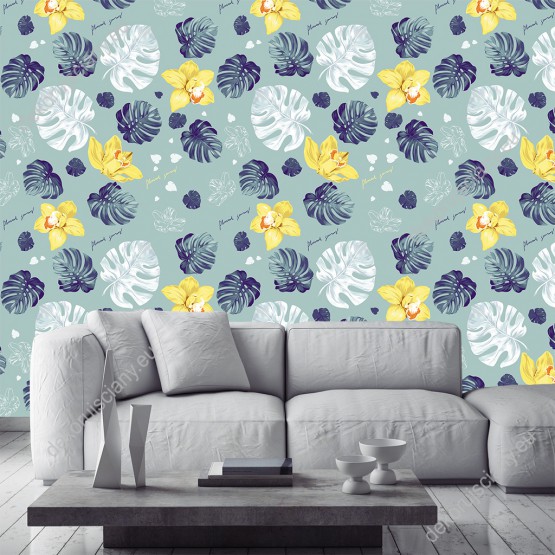 Wizualizacja tapety do pokoju dziennego, sypialni, salonu, przedpokoju, biura z motywem egzotycznych roślin. Tapeta przedstawia niebieskie i białe liście monstera oraz żółty kwiaty.