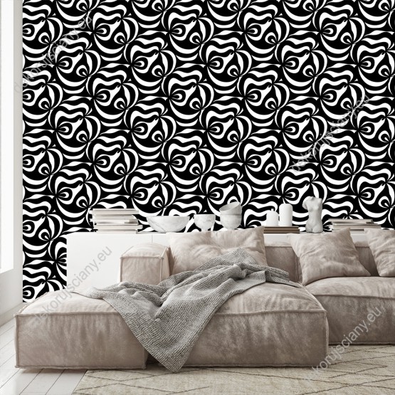 Wizualizacja tapety do pokoju dziennego, sypialni, salonu, przedpokoju, biura w czarno-białe abstrakcyjne wzory.