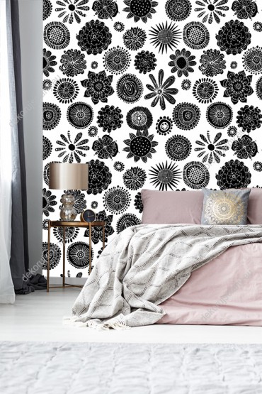 Wizualizacja tapety do pokoju dziennego, młodzieżowego, sypialni, salonu, przedpokoju, biura w czarne, wzorzyste kwiaty, na białym tle.