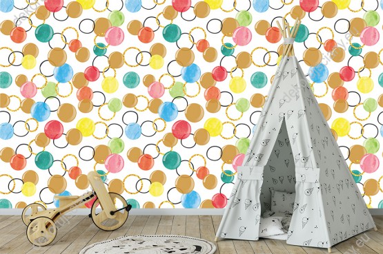 Wizualizacja tapety do pokoju dziecięcego, młodzieżowego, sypialni z motywem geometrycznym. Wzór tapety przedstawia kolorowe kule i koła, na białym tle.