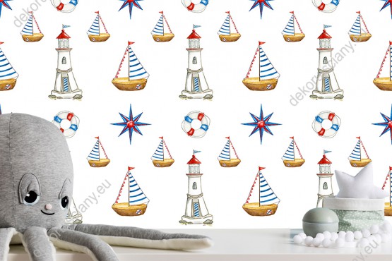 Wizualizacja tapety na ścianę do pokoju dziecięcego przedstawiająca pływające statki, latarnie morskie koła ratunkowe i różą wiatru, w kolorze niebieskim i czerwonym, na białym tle.