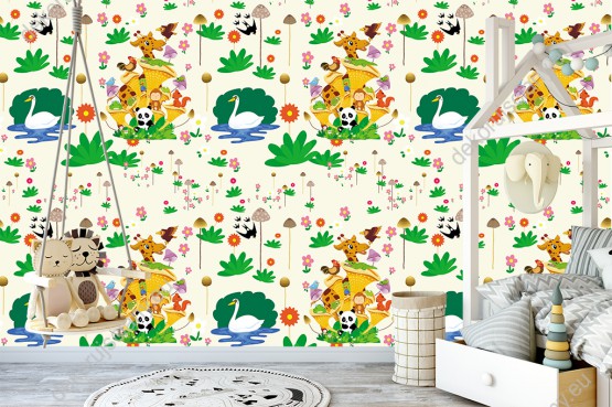 Wizualizacja tapety na ścianę do pokoju dziecięcego z motywem wiosennym. Wzór tapety przedstawia różnorodne zwierzęta siedzące na grzybach oraz pływające łabędzie. Tło tapety kremowe.
