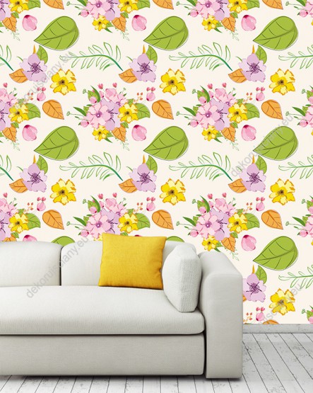 Wizualizacja tapety do sypialni w wiosennym klimacie, w różowe i żółte kwiaty oraz zielone i pomarańczowe liście, na jasnym tle.