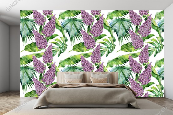 Wizualizacja tapety do pokoju dziennego, sypialni, salonu, przedpokoju, biura z tropikalnym motywem. Tapeta przedstawia zielone egzotyczne liście i kwiaty bzu, na białym tle.