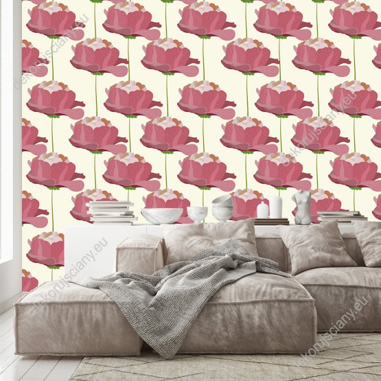 Wizualizacja tapety do pokoju dziennego, sypialni, salonu, przedpokoju, biura, z kwiatowym wzorem róż, na jasnym tle.