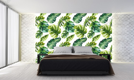 Wizualizacja tapety do pokoju dziennego, sypialni, salonu, przedpokoju, biura z motywem tropikalnych roślin. Tapeta w tropikalnym klimacie przedstawiająca zielone, egzotyczne liście, na białym tle.
