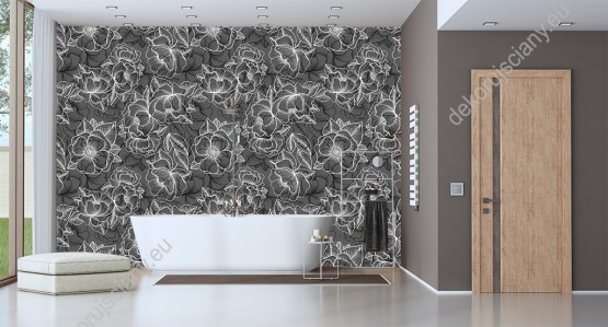 Wizualizacja tapety do pokoju dziennego, sypialni, salonu, przedpokoju, biura. Tapeta przedstawia modny wzór w białe kwiaty i liście, na szarym tle.