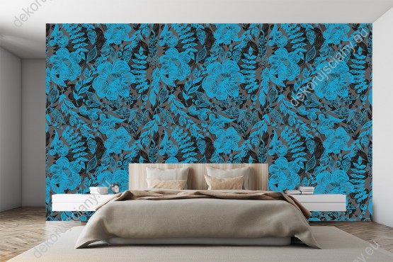 Wizualizacja tapety do pokoju dziennego, sypialni, salonu, przedpokoju, biura. Tapeta przedstawia niebieskie kwiaty i liście roślin, na szarym tle.