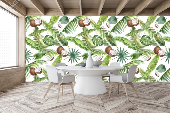 Wizualizacja tapety do pokoju dziennego, sypialni, salonu, przedpokoju, biura z motywem dżungli. Tapeta w tropikalnym klimacie przedstawia kokosy i zielone liście egzotycznych roślin, na białym tle.