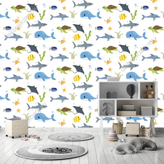 Wizualizacja tapety na ścianę do pokoju dziecięcego przedstawiająca kolorowe zwierzęta świata podwodnego takie jak: wieloryby, żółwie, ryby, rekiny, płaszczki, delfiny i raki, na białym tle.
