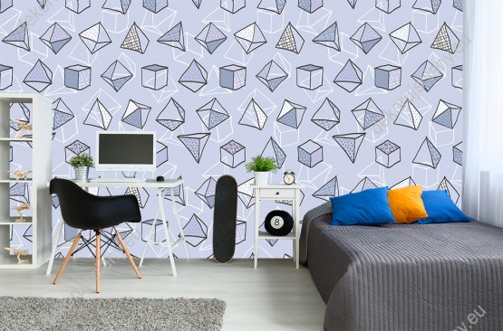 Wizualizacja tapety do pokoju dziecięcego, młodzieżowego, sypialni, biura. Na niebieskim tle tapety prezentują się graniastosłupy i ostrosłupy.