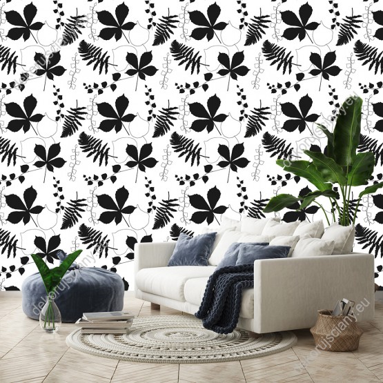 Wizualizacja tapety do pokoju dziennego, sypialni, salonu, przedpokoju, biura. Czarno-biała tapeta, z motywem liści egzotycznych roślin.