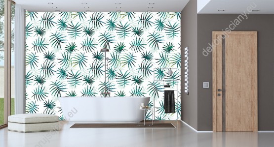 Wizualizacja tapety do pokoju dziennego, młodzieżowego, sypialni, salonu, przedpokoju, biura z motywem tropikalnych roślin. Tapeta prezentuje modne, zielone liście palm, na białym tle.