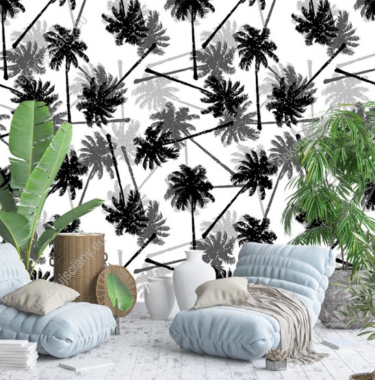 Wizualizacja tapety do pokoju dziennego, dziecięcego, młodzieżowego, sypialni, salonu, przedpokoju, biura. Na białym tle tapety prezentują się egzotyczne palmy w kolorze czarnym i szarym.