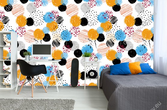 Wizualizacja tapety do pokoju dziecięcego, młodzieżowego, sypialni, biura w abstrakcyjne, geometryczne wzory i figury, w kolorze niebieskim, czarnym, żółtym i czerwonym, na białym tle.