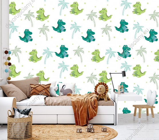 Wizualizacja tapety na ścianę do pokoju dziecięcego w słodkie, zielone krokodyle, siedzące pod palmami, tło białe.