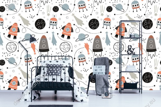 Wizualizacja tapety na ścianę do pokoju dziecięcego z motywem kosmosu. Tapeta przedstawia rakiety, gwiazdy, planety, sondy kosmiczne i komety, w kolorach: pomarańczowym, szarym i czarnym.