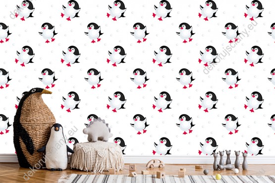 Wizualizacja tapety na ścianę do pokoju dziecięcego z zimową aurą. Wzór tapety przedstawia słodkie pingwiny, na białym tle.