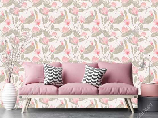 Wizualizacja tapety do pokoju dziennego, sypialni, salonu, przedpokoju, biura w różowe magnolie i zielone liście, na jasnoszarym tle.