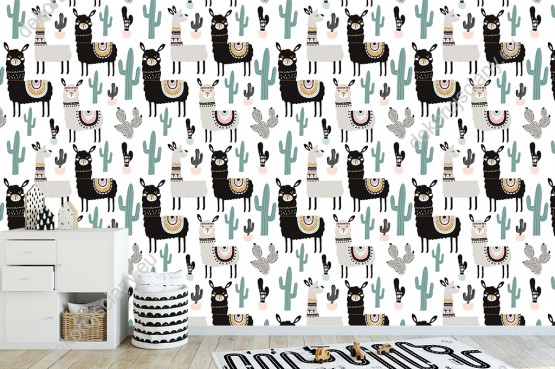 Wizualizacja tapety na ścianę do pokoju dziecięcego w szare i czarne lamy oraz kaktusy, na białym tle.