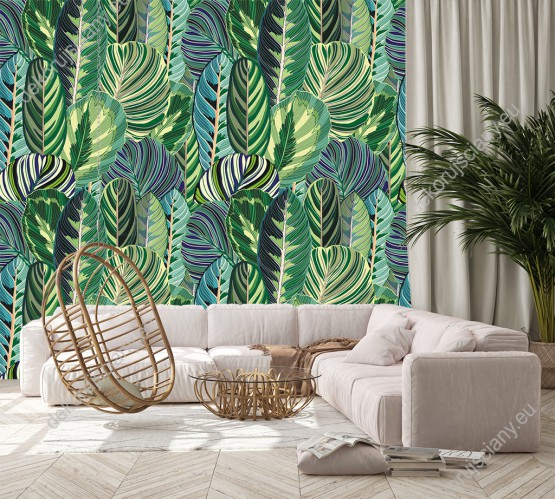 Wizualizacja tapety do pokoju dziennego, sypialni, salonu, przedpokoju, biura z motywem dżungli. Wzór tapety w zielone, egzotyczne liście. 