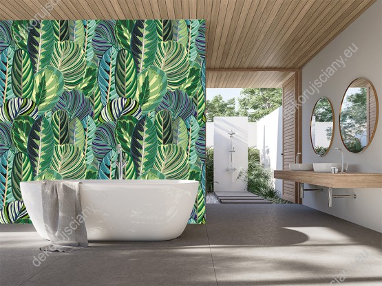 Wizualizacja tapety do pokoju dziennego, sypialni, salonu, przedpokoju, biura z motywem dżungli. Wzór tapety w zielone, egzotyczne liście. 