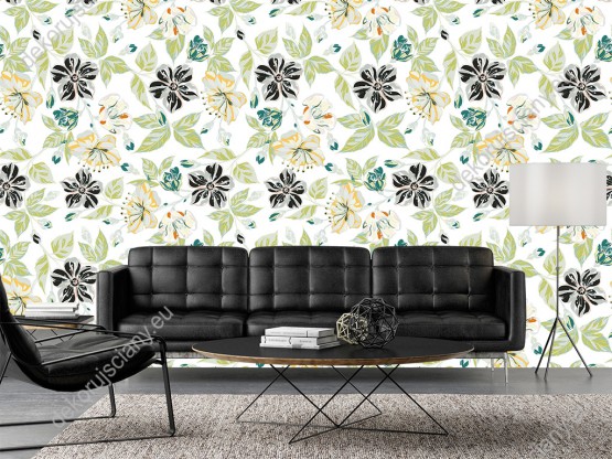 Wizualizacja tapety do pokoju dziennego, sypialni, salonu, przedpokoju, biura z motywem roślinnym. Tapeta przedstawia żółte i czarne kwiaty i zielone liście, na białym tle.