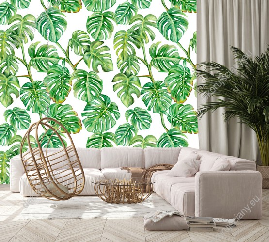 Wizualizacja tapety z motywem tropikalnym. Tapeta przedstawia zielone liście egzotycznych roślin, na białym tle.