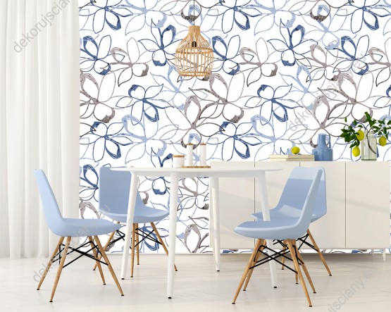 Wizualizacja tapety do pokoju dziennego, sypialni, salonu, przedpokoju, biura  w abstrakcyjne, niebieskie i brązowe kwiaty jaśminu, na białym tle.