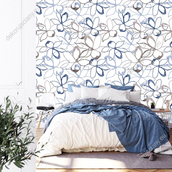Wizualizacja tapety do pokoju dziennego, sypialni, salonu, przedpokoju, biura  w abstrakcyjne, niebieskie i brązowe kwiaty jaśminu, na białym tle.