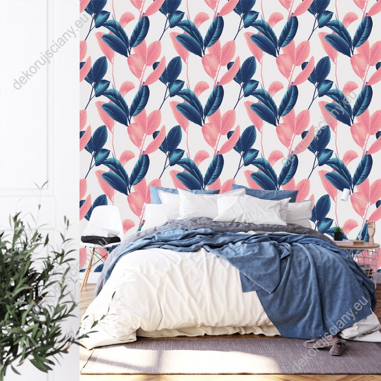Wizualizacja tapety do pokoju dziennego, sypialni, salonu, przedpokoju, biura, w niebieskie i różowe liście guawy, na szarym tle.