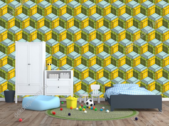 Wizualizacja tapety do pokoju dziennego, młodzieżowego, sypialni, salonu, przedpokoju, biura w geometryczne sześciany, dające efekt 3D. Na tapecie dominują kolory żółty i zielony.