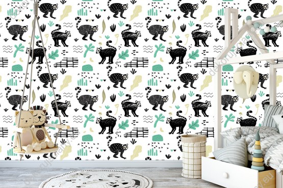 Wizualizacja tapety na ścianę do pokoju dziecięcego w czarne lemury  i różne kolorowe wzory, na białym tle.