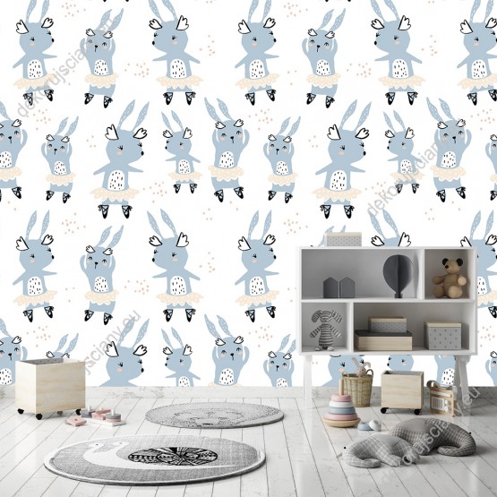 Wizualizacja tapety na ścianę do pokoju dziecięcego, w słodkie, szare króliczki w spódniczkach baletnicy, na białym tle.