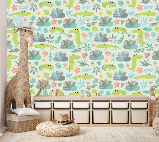 Wizualizacja tapety na ścianę do pokoju dziecięcego w wesołe krokodyle i rośliny z dżungli, na zielonym tle.