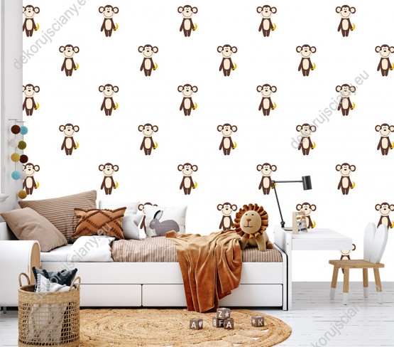 Wizualizacja tapety  na ścianę do pokoju dziecięcego ze zwierzętami.  Śmieszne, brązowe małpki, trzymające banany, na białym tle.