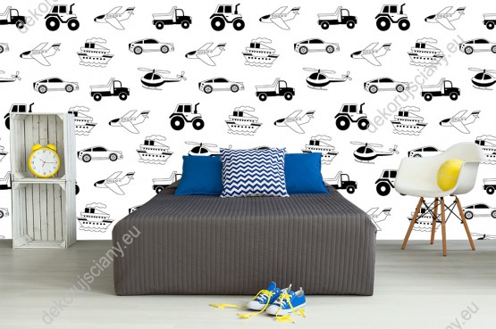 Wizualizacja tapety na ścianę do pokoju dziecięcego, w czarne-białe środki transportu. Tapeta prezentuje samochody, samoloty, statki i traktory, na białym tle.