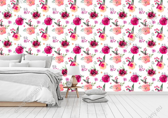 Wizualizacja tapety do pokoju dziennego, sypialni, salonu, przedpokoju, biura  w kwiaty róż o różnych odcieniach różu, na białym tle.