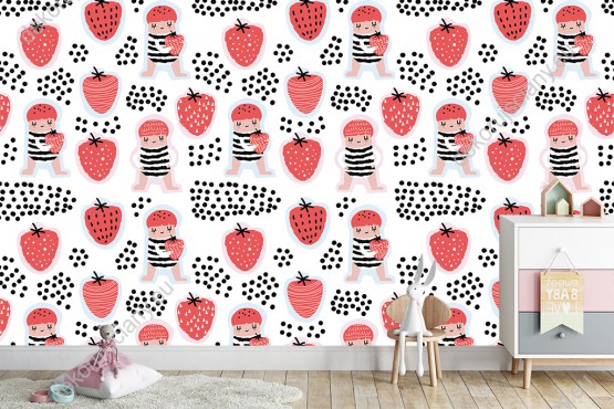Wizualizacja tapety na ścianę do pokoju dziecięcego z dziećmi kochającymi jeść czerwone truskawki.