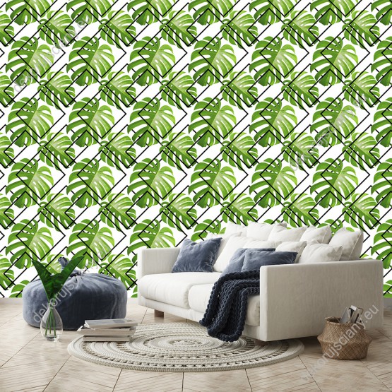 Wizualizacja tapety do pokoju młodzieżowego, pokoju dziennego, sypialni, salonu, przedpokoju, biura. Tapeta przedstawia, duże zielone liście palm, na białym tle.