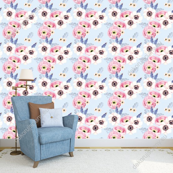 Wizualizacja tapety do pokoju dziennego, sypialni, salonu, przedpokoju, biura. Tapeta w różowe i kremowe kwiaty (zawilce i jaskry), na niebieskim tle.