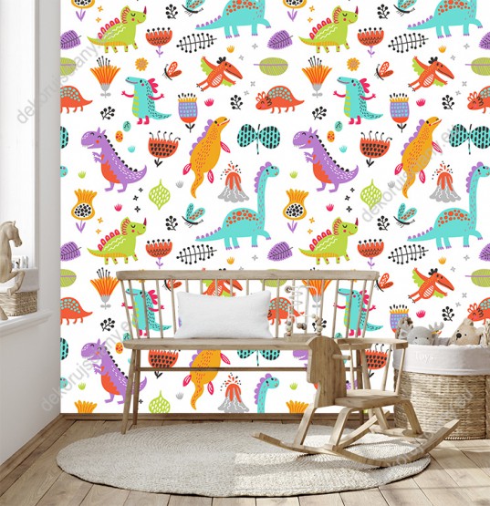 Wizualizacja tapety na ścianę do pokoju dziecięcego. Tapeta przedstawia świat dinozaurów. Zielone, fioletowe, pomarańczowe i niebieskie dinozaury i kwiaty, na białym tle.